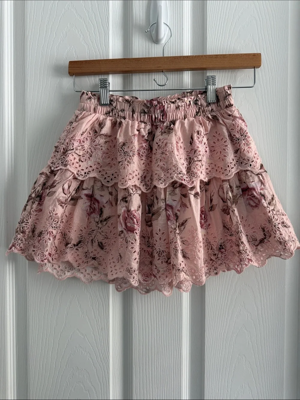 Gap x LoveShackFancy Pink Floral Eyelet Tiered Mini Skirt